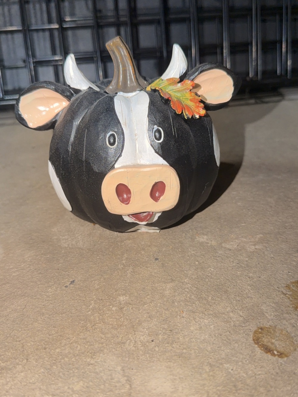 Cow Pumpkin Figurine with Fall Leaf Accent